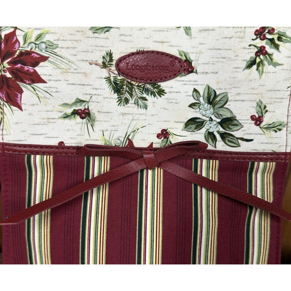 Longaberger Holiday Christmas Gift Bag Holly Berry Poinsettia Striped Fabric 9" - Picture 7 of 9